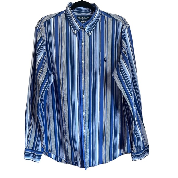 Polo Ralph Lauren Custom Fit Vertical Stripe Blue & White Button Down Size XL - Picture 1 of 7